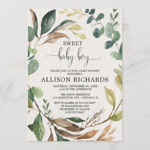 Invitation Baby shower garçon rustique, végétation boisée