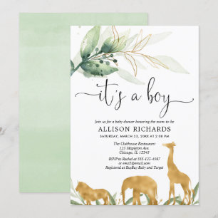 Invitation Baby shower garçon, safari jungle animaux en or