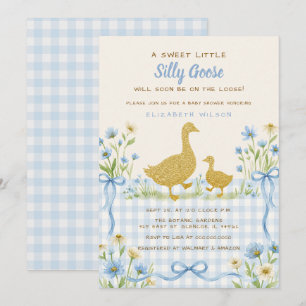 Invitation Baby Shower Garçon Silly Goose Fleurs Ruban Bleu