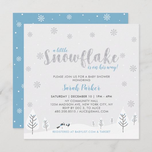 Invitation Baby shower Garçon Silver & Blue Winter Wonderland (Devant / Derrière)