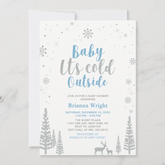 Invitation Baby shower Garçon Silver & Blue Winter Wonderland (Devant)