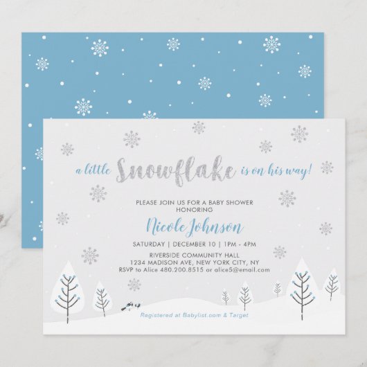 Invitation Baby shower Garçon Silver & Blue Winter Wonderland (Devant / Derrière)