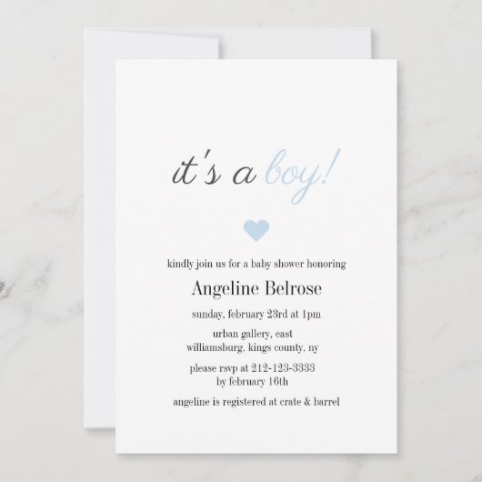 Invitation Baby Shower Garçon Simple Élégant Bleu (Devant)