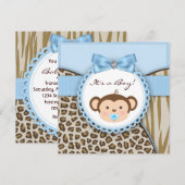 Invitation Baby Shower Garçon Singe Brun Bleu (Devant / Derrière)
