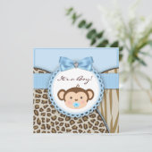 Invitation Baby Shower Garçon Singe Brun Bleu (Debout devant)