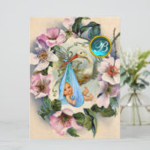 INVITATION BABY SHOWER GARÇON STORK, MONOGRAM ROSE SAUVAGE RO (Debout devant)