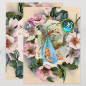 INVITATION BABY SHOWER GARÇON STORK, MONOGRAM ROSE SAUVAGE RO (Devant / Derrière)