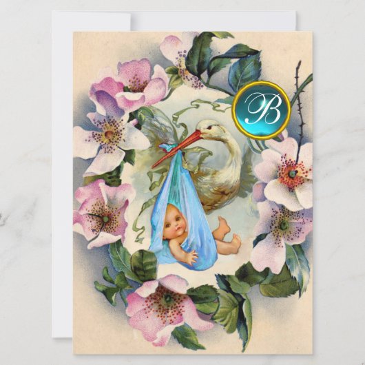 INVITATION BABY SHOWER GARÇON STORK, MONOGRAM ROSE SAUVAGE RO (Devant)