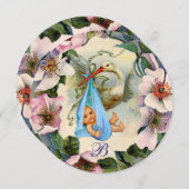 INVITATION BABY SHOWER GARÇON STORK, MONOGRAM ROSE SAUVAGE RO (Devant / Derrière)