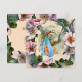 Invitation BABY SHOWER GARÇON STORK, ROSE SAUVAGE ROSE Merci (Devant / Derrière)