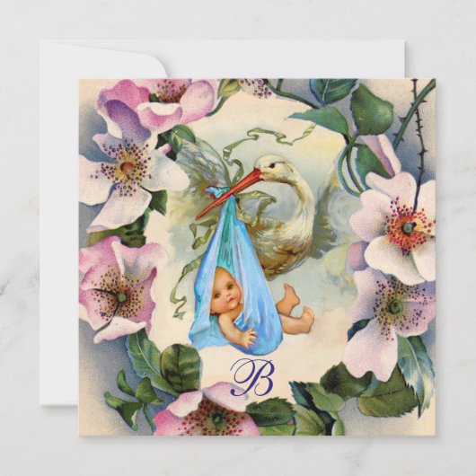 Invitation BABY SHOWER GARÇON STORK, ROSE SAUVAGE ROSE Merci (Devant)