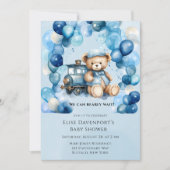 Invitation Baby shower Garçon Teddy Bear Blue Train (Devant)