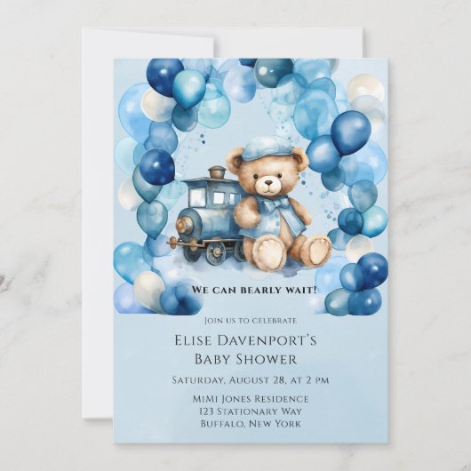 Invitation Baby shower Garçon Teddy Bear Blue Train (Devant)