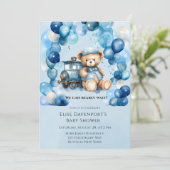 Invitation Baby shower Garçon Teddy Bear Blue Train (Debout devant)