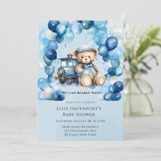 Invitation Baby shower Garçon Teddy Bear Blue Train (Debout devant)