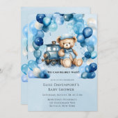 Invitation Baby shower Garçon Teddy Bear Blue Train (Devant / Derrière)