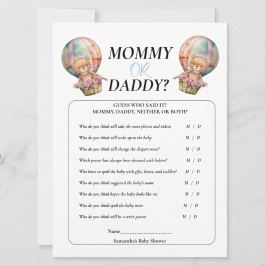 Invitation Baby Shower Garçon Teddy Maman Papa Ballon Bleu (Devant)