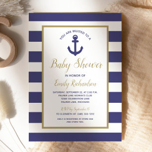 Invitation Baby Shower Garçon Thème Ancre Marine Rayures Bleu