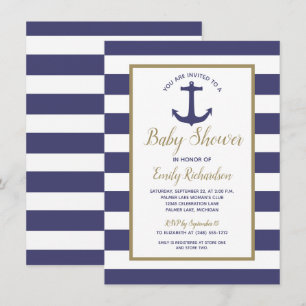 Invitation Baby Shower Garçon Thème Ancre Marine Rayures Bleu
