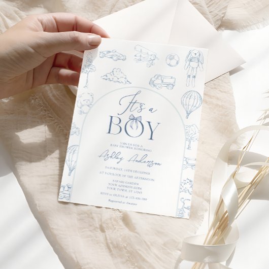 Invitation Baby shower Garçon Toile De Jouy Blue Nursery