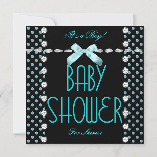 Invitation Baby shower garçon Turquoise bleu noir blanc Polka (Devant)