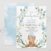 Invitation Baby shower Garçon vert Ours bleu Floral (Devant / Derrière)