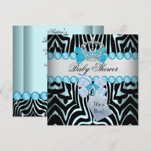 Invitation Baby Shower Garçon Zèbre Bleu Prince Couronne Noir