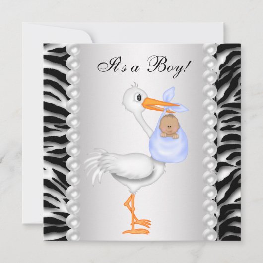 Invitation Baby Shower Garçon Zèbre Stork Bleu (Devant)