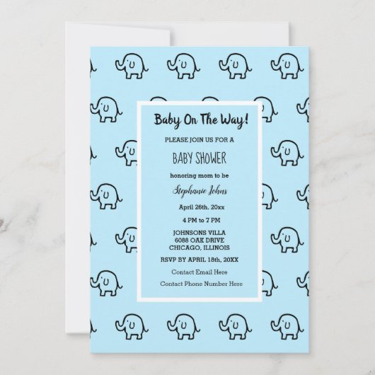 Invitation Baby shower Garçons Filles Éléphant Motif bleu mig (Devant)