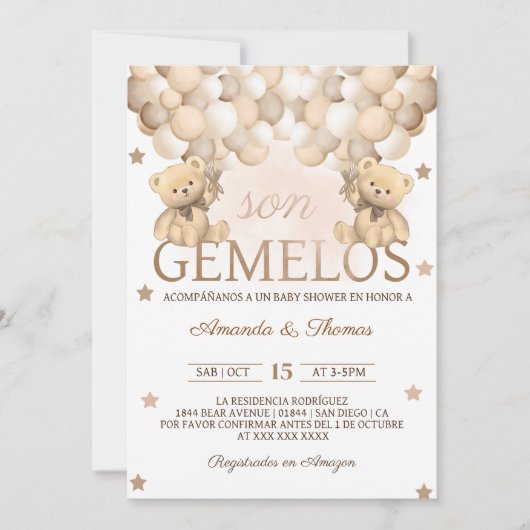 Invitation Baby shower Gemelos espagnol Bear Twins (Devant)