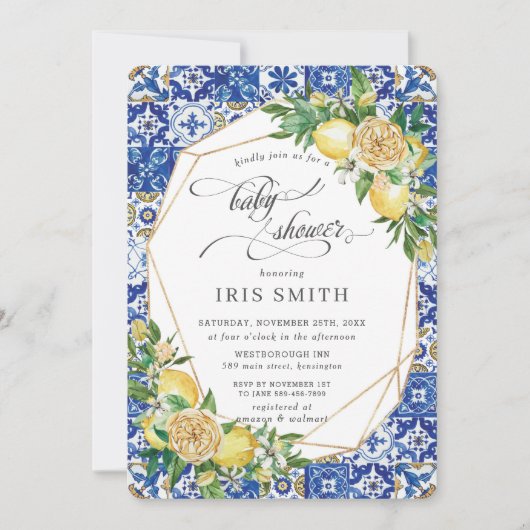 Invitation Baby shower géométrique chic Lemon Floral Greenery (Devant)