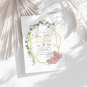 Invitation Baby Shower Géométrique Doré Eucalyptus & Roses Ro