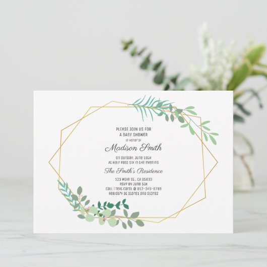 Invitation Baby shower géométrique et verdoyante (Debout devant)