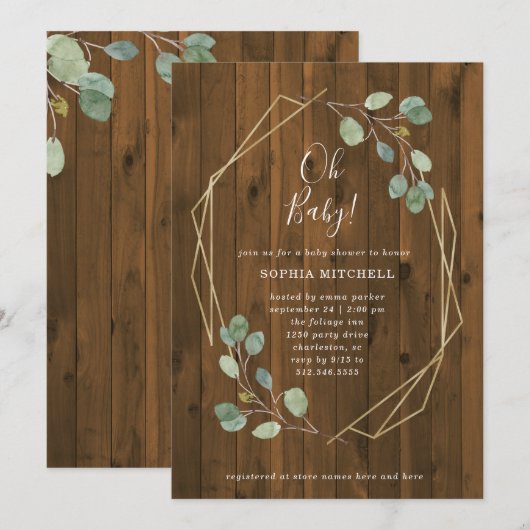 Invitation Baby shower géométrique Eucalyptus rustique | Mon  (Devant / Derrière)