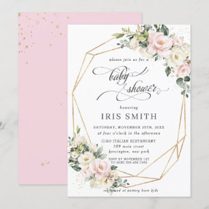 Invitation Baby shower géométrique floral rose ivoire