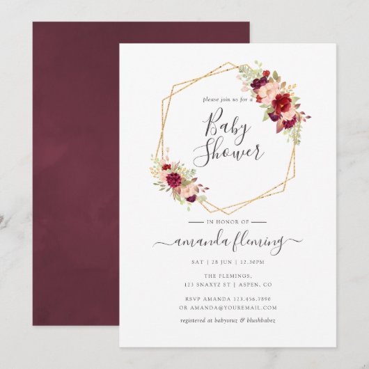 Invitation Baby shower géométrique Marsala et Blush Boho (Devant / Derrière)