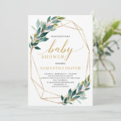 Invitation Baby shower géométrique moderne vert eucalyptus or (Debout devant)