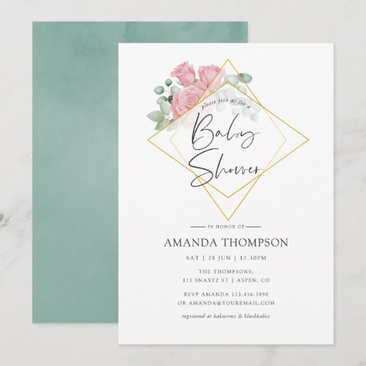 Invitation Baby shower géométrique Rose Eucalyptus aquarelle (Devant / Derrière)