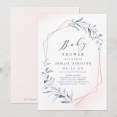 Invitation Baby shower géométrique rose Gold Blue Greenery (Devant / Derrière)