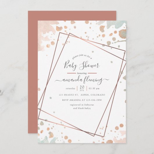Invitation Baby shower géométrique rose Gold & Blush Paint Ro (Devant / Derrière)