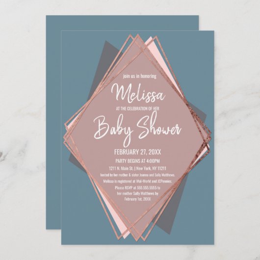 Invitation Baby shower géométrique rose Gold Dusty Blue Mauve (Devant / Derrière)