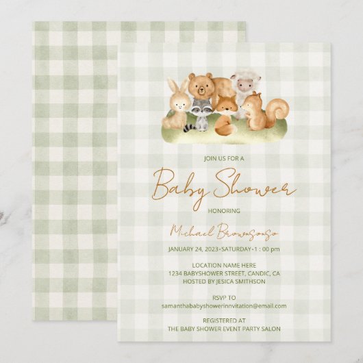 Invitation Baby Shower Gingham Animaux de la Forêt (Devant / Derrière)