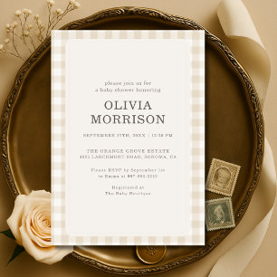 Invitation Baby-Shower Gingham Beige Neutre
