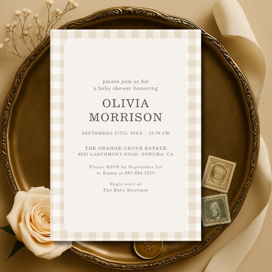 Invitation Baby-Shower Gingham Beige Neutre