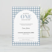 Invitation Baby Shower Gingham Bleu pour Garçon (Debout devant)
