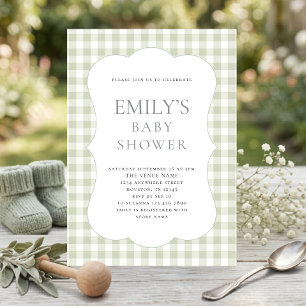 Invitation Baby Shower Gingham Vert Sauge Moderne
