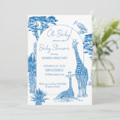 Invitation Baby shower girafe bleu Safari toile (Debout devant)