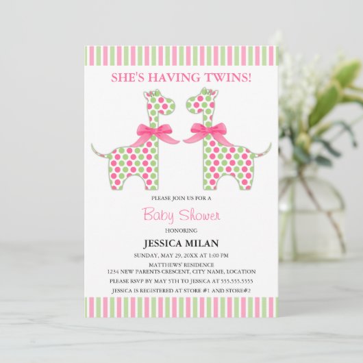 Invitation Baby shower girafe pour fille jumelle (Debout devant)