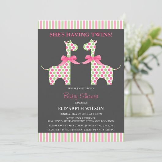 Invitation Baby shower girafe pour fille jumelle (Debout devant)