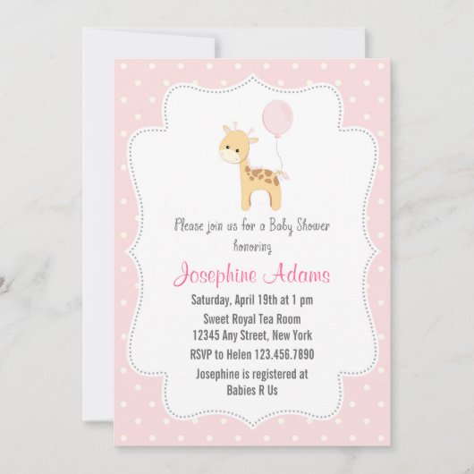 Invitation Baby shower Girafe rose (Devant)